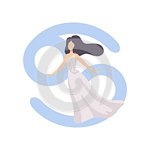 Cancer Zodiac Sign, Young Beautiful Woman Wearing Clothes in Style of Ancient Greece Vector Illustration