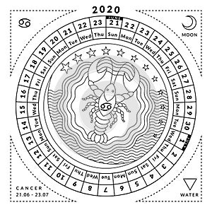 Cancer zodiacal coloring book with caledar of year 2020