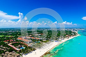 Cancun aerial view of the beautiful white sand beaches and blue turquoise water of the Caribbean ocean photo