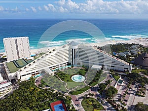 Cancun beach and hotel zone aerial view, Quintana Roo, Mexico