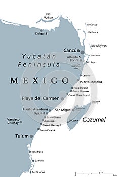 Cancun, Cozumel and Riviera Maya in Mexico, gray political map