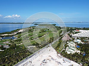 Cancun golf course and lagoon aerial view, Quintana Roo, Mexico