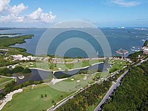 Cancun golf course and lagoon aerial view, Quintana Roo, Mexico