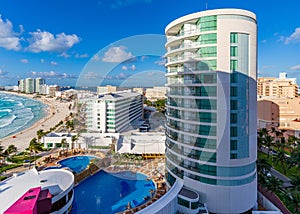 Cancun, Mexico - January 1, 2022: Cancun Hotel Zone Amazing Caribbean Beach, the beautiful sea in Mexico during a sunny