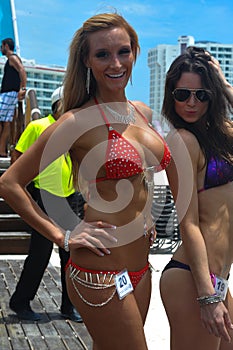 CANCUN, MEXICO - MAY 03: Models pose outside during semi-finals rehearsal IBMS 2014