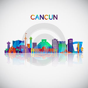 Cancun skyline silhouette in colorful geometric style.