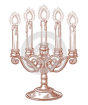 Candelabra with five burning candles. Hand drawn sketch vintage candlestick. Vector illustration
