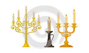 Candelabrum or Candle Holder with Burning Candle Rested in It Vector Set