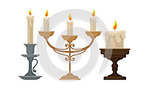 Candelabrum or Candle Holder with Burning Candle Rested in It Vector Set