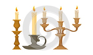 Candelabrum or Candle Holder with Burning Candle Rested in It Vector Set