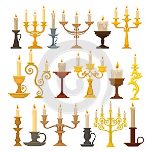 Candelabrum or Candle Holder with Burning Candle Rested in It Vector Set