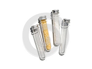 Candelilla Wax and Carbamide in PET preform bottle with aluminium cap. Cosmetic chemicals ingredient on laboratory table