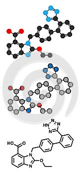 Candesartan hypertension drug molecule. Stylized 2D renderings and conventional skeletal formula.