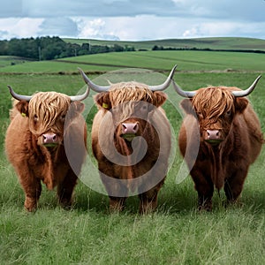 Candid capture Three highland cows attentive charming countryside scene