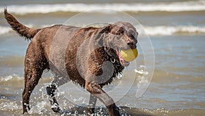 Candid closeup portrait of Chocolate lab dog playing at the beach