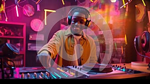 candid an excited DJ young african man mixing music at turntables with headphones. generative ai AIG32