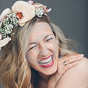 Candid portrait of a laughing bride