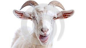 quirky white goat showing tongue in close-up portrait on white photo