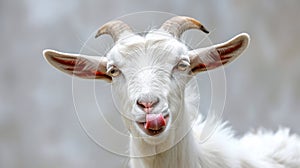 tongue-out action of a white goat in a close-up shot, isolated on white photo