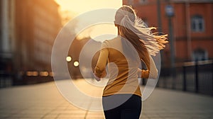 candid pretty young woman in a sport wear running outdoor, back view