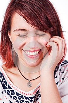 Candid real laugh of natural happy woman photo