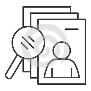 Candidate search thin line icon. Applicant forms stack and loupe outline style pictogram on white background