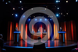 Political candidates debating on stage with dramatic lights