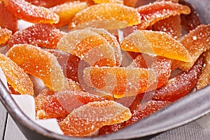 Candied dried apple slices in a baking dish