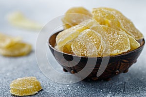 Candied ginger slices. Sweet spicy treat for tea