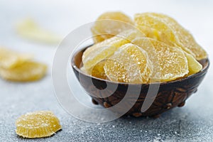 Candied ginger slices. Sweet spicy treat for tea