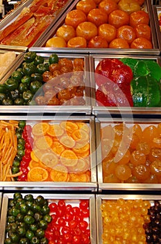 Candied / glace fruit display at La Boqueria