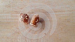 Candied peanuts on wood background.