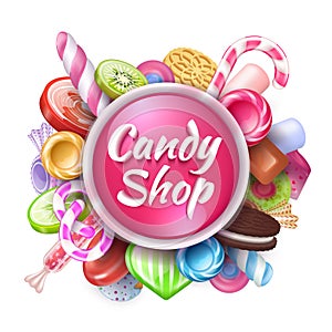 Candies background. Realistic sweets and desserts frame with text, colorful toffees lollipops and caramel bonbon. Vector