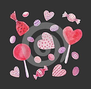 Candies, caramel, lollipop, comfit and candy hearts photo