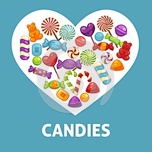 Candies and caramel sweets poster for confectionery or candy shop.