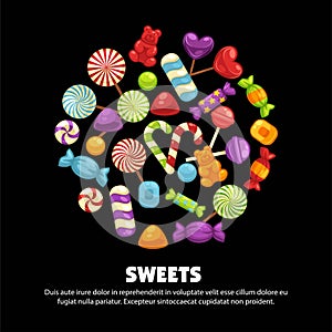 Candies and caramel sweets poster for confectionery or candy shop.