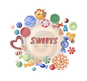 Candies circle background with lollipops, pinwheels and sweeties around. Round frame label design with yummy sugar