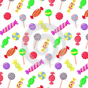 Colorful seamless pattern with candies, lollipops and caramels.