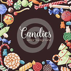 Candies frame. Background design with sugar sweets pattern with lollipops, jellies, caramels and bonbons. Christmas card