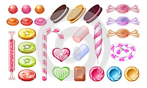 Candies and lollipops. Sweet jelly chocolate peppermint candies and cookies. Vector realistic set of gummy toffee