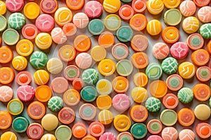 candies seamless background, top-down view, Food magazine photography