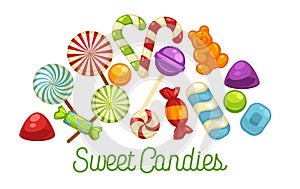 Candies and sweets poster of confectionery caramel hard candy and chocolate comfi