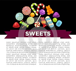 Candies and sweets poster of confectionery caramel hard candy and chocolate comfi