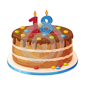 Candle on birthday cake with 18 number age. Festive dessert burning number shaped candle cartoon vector illustration