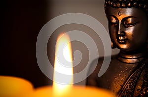 A candle and Buddha statue