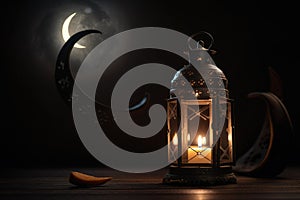 Candle burning inside a beautiful lantern at night time. Arabian-style lamp illustration with a blurry background and moon