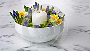 Candle Centerpiece in Ceramic Bowl with Mixed Spring Flowers.Celebration spring holiday Easter, Spring Equinox day, Ostara Sabbat photo