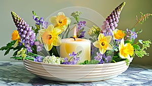 Candle Centerpiece in Ceramic Bowl with Mixed Spring Flowers.Celebration spring holiday Easter, Spring Equinox day, Ostara Sabbat photo