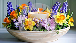 Candle Centerpiece in Ceramic Bowl with Mixed Spring Flowers.Celebration spring holiday Easter, Spring Equinox day, Ostara Sabbat