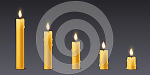 Candle combustion stages set. Realistic isolated elements for animation. Natural candles, wax light, flickering fire